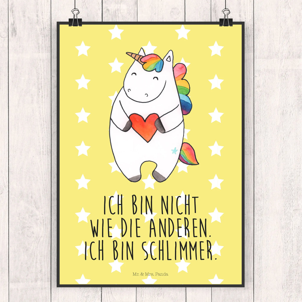 Poster unicorn Heart Poster, Wanddeko Bild, Küchenposter, Posterdruck, Raumdekoration, Mr. & Mrs. Panda Poster, Kinderposter, Wanddekoration, Wanddeko, Wandposter, Kunstdruck, Bild, Handgemaltes Poster, Designposter, Einhorn, Einhörner, Einhorn Deko, Unicorn, schlimm, witzig, böse, bunt, anders, Herz, lustig, Freundin