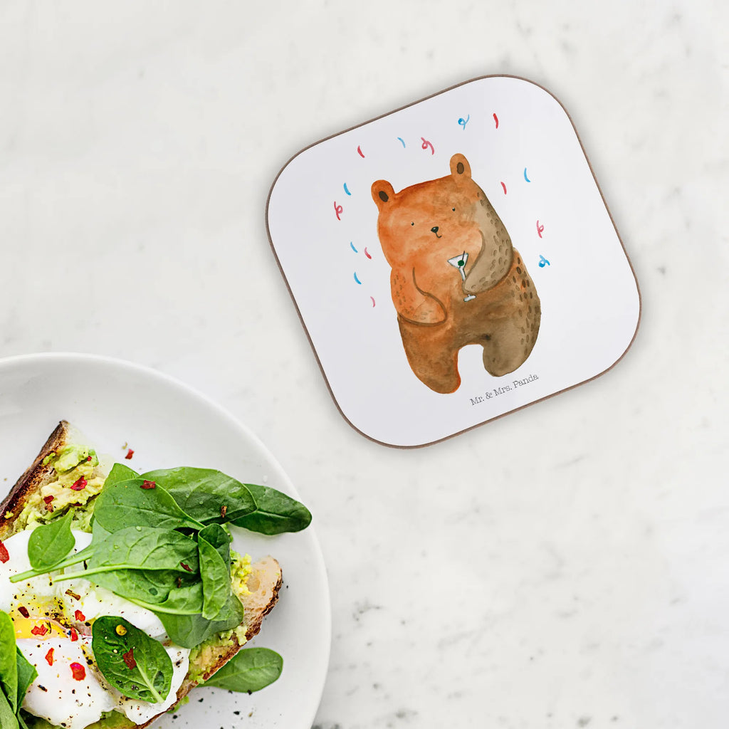 Square coaster bear party gift, presents, Coasters, party, glass coasters, gifts, breakfast, bear, teddy, teddy bear, cuddly toy, Bring a present, Birthday, Partying, Birthday present, Celebrate, Party, Funny, Good mood, Present