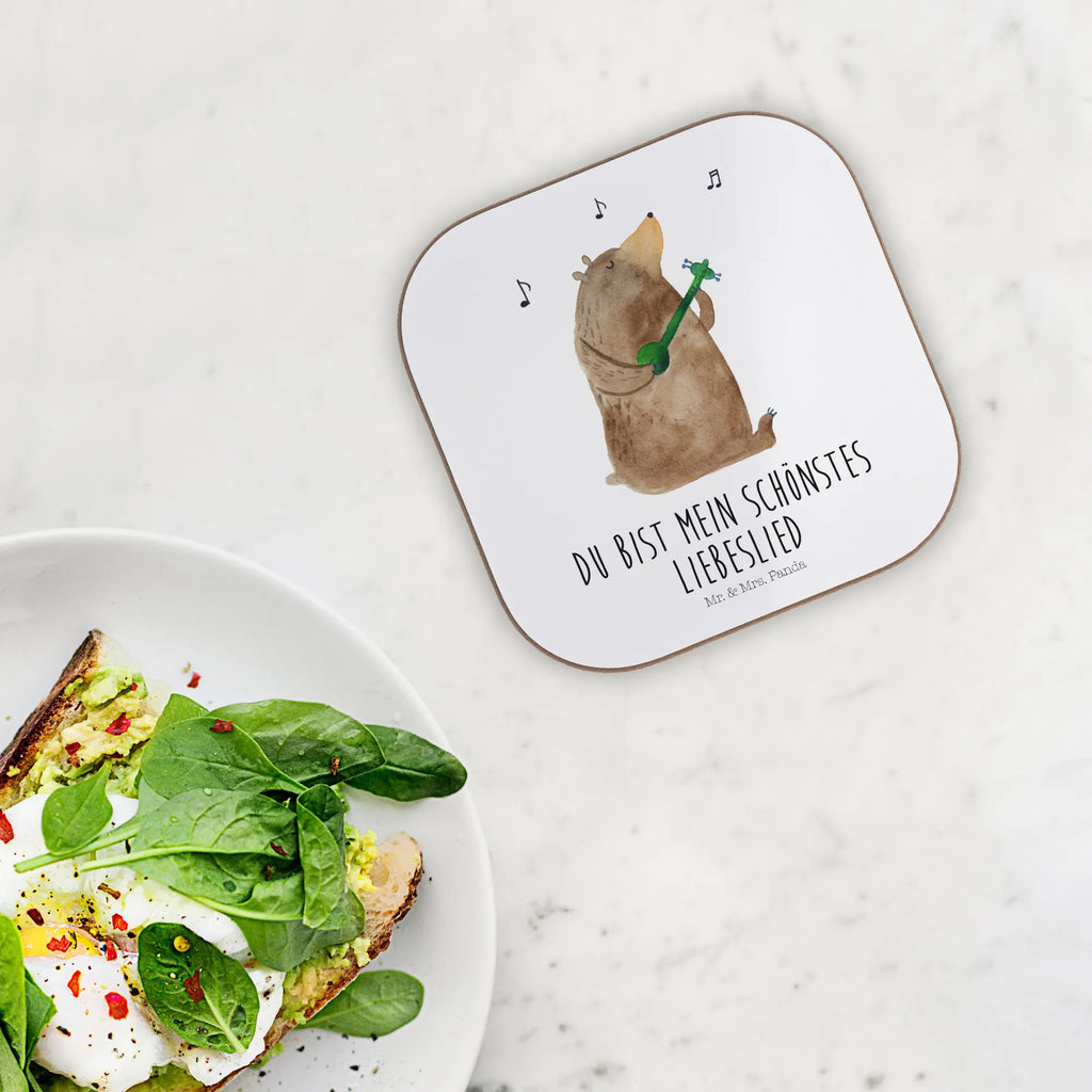 Square coaster bear song glass coasters, Coasters, gift, party, breakfast, presents, gifts, bear, teddy, teddy bear, cuddly toy, valentine, partner, Bear, love song, song, girlfriend, love, woman, heart, saying