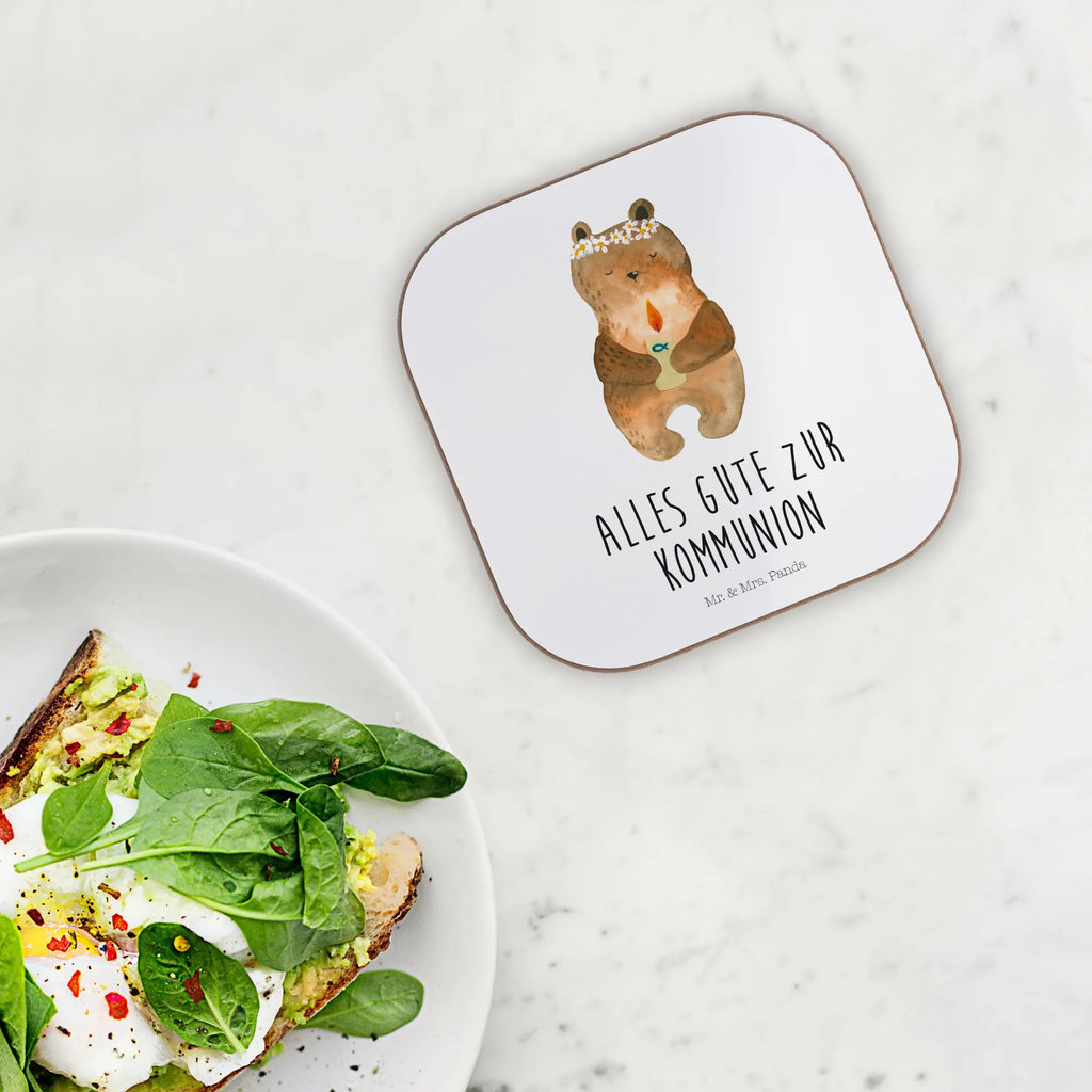 Square coaster bear communion party, glass coasters, presents, gifts, Coasters, gift, breakfast, bear, teddy, teddy bear, cuddly toy, baptismal candle, communion, catholic, God's blessing