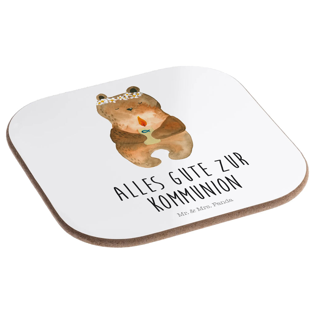 Square coaster bear communion party, glass coasters, presents, gifts, Coasters, gift, breakfast, bear, teddy, teddy bear, cuddly toy, baptismal candle, communion, catholic, God's blessing