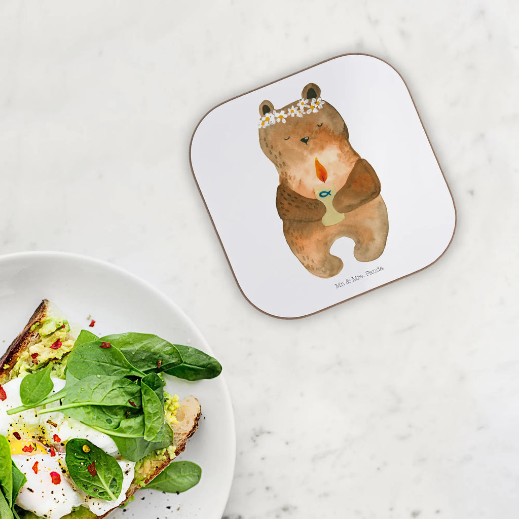 Square coaster bear communion party, glass coasters, presents, gifts, Coasters, gift, breakfast, bear, teddy, teddy bear, cuddly toy, baptismal candle, communion, catholic, God's blessing