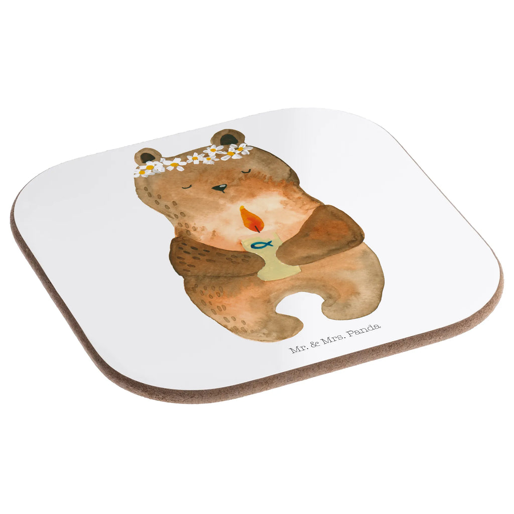 Square coaster bear communion party, glass coasters, presents, gifts, Coasters, gift, breakfast, bear, teddy, teddy bear, cuddly toy, baptismal candle, communion, catholic, God's blessing