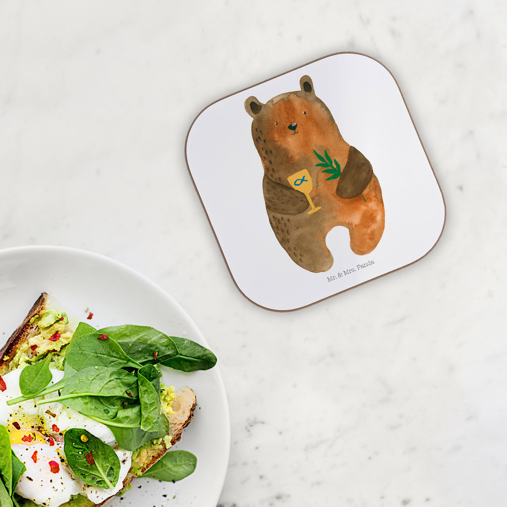 Square coaster bear confirmation glass coasters, gift, party, breakfast, gifts, presents, Coasters, bear, teddy, teddy bear, cuddly toy, service, church, evangelic, confirmation