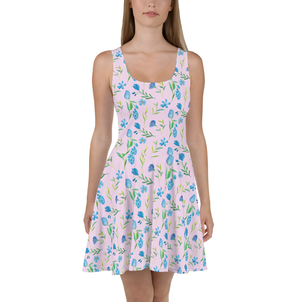 Sommerkleid Sommergedanken Design Sommerkleid, Kleid, Skaterkleid, Blumen, Blumenmuster, blaue Blumen, blaues Muster, Aquarell