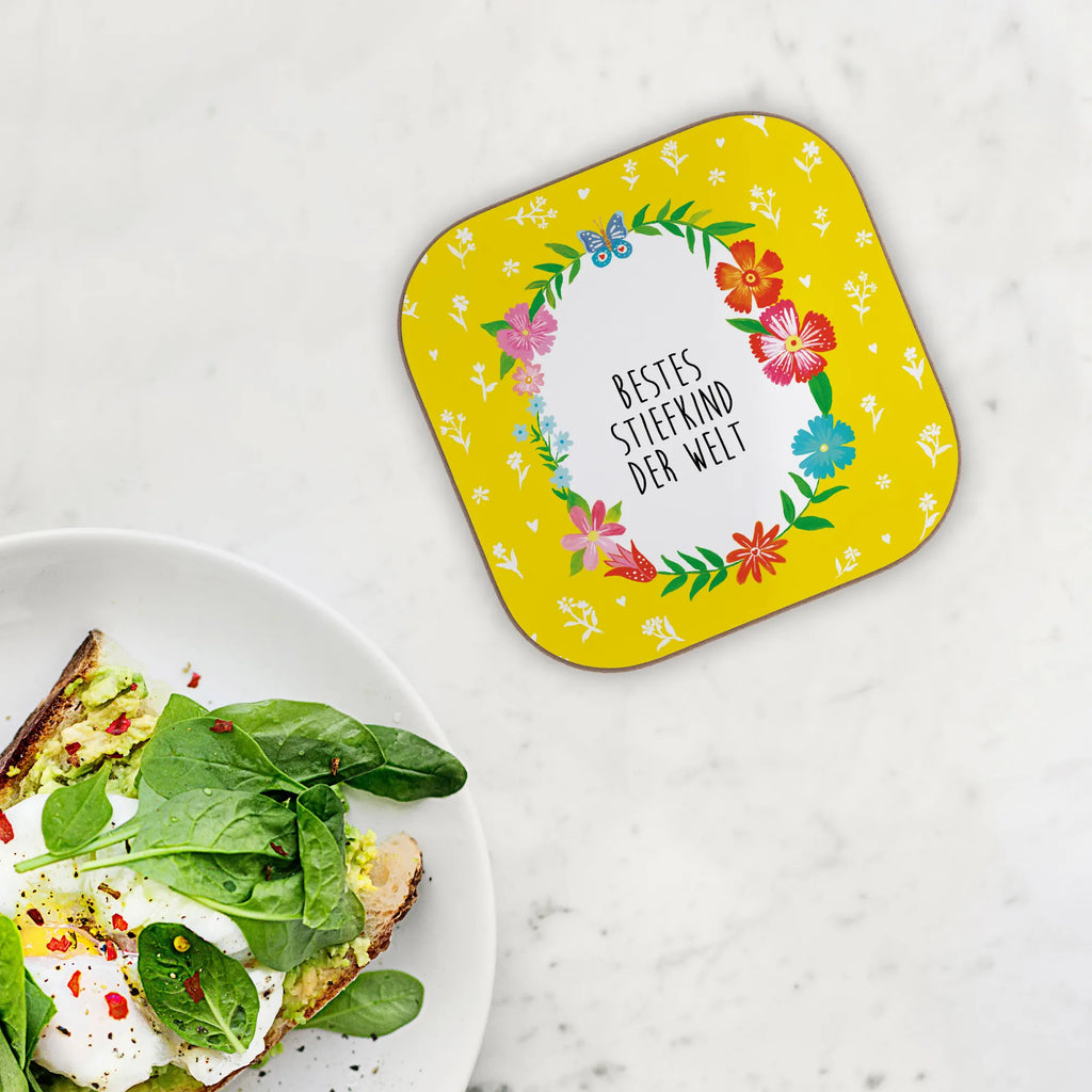 Square coaster Stiefkind presents, gifts, gift, glass coasters, party, breakfast, Coasters, Flowers Love Flower