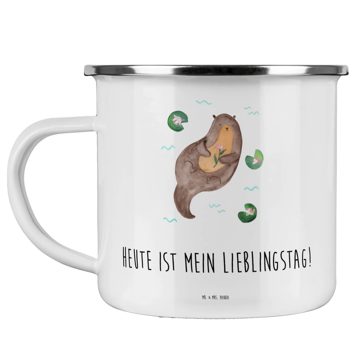 Enamel camping mug otter Water Lily animal lover, marten, sea otter, European otter, water mammal, aquatic animal, baby otter, predator, water, otter gifts, gift ideas for animal lovers, animal, mammal, water animal, gifts for people in love