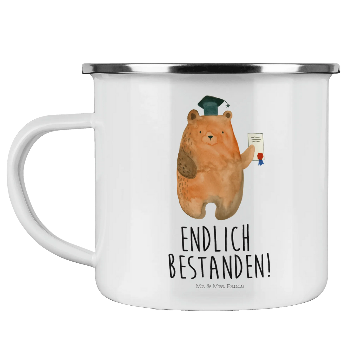 Enamel camping mug bear Test teddy bear, cuddly toy, degree, diploma, examination passed, examinations, certificate