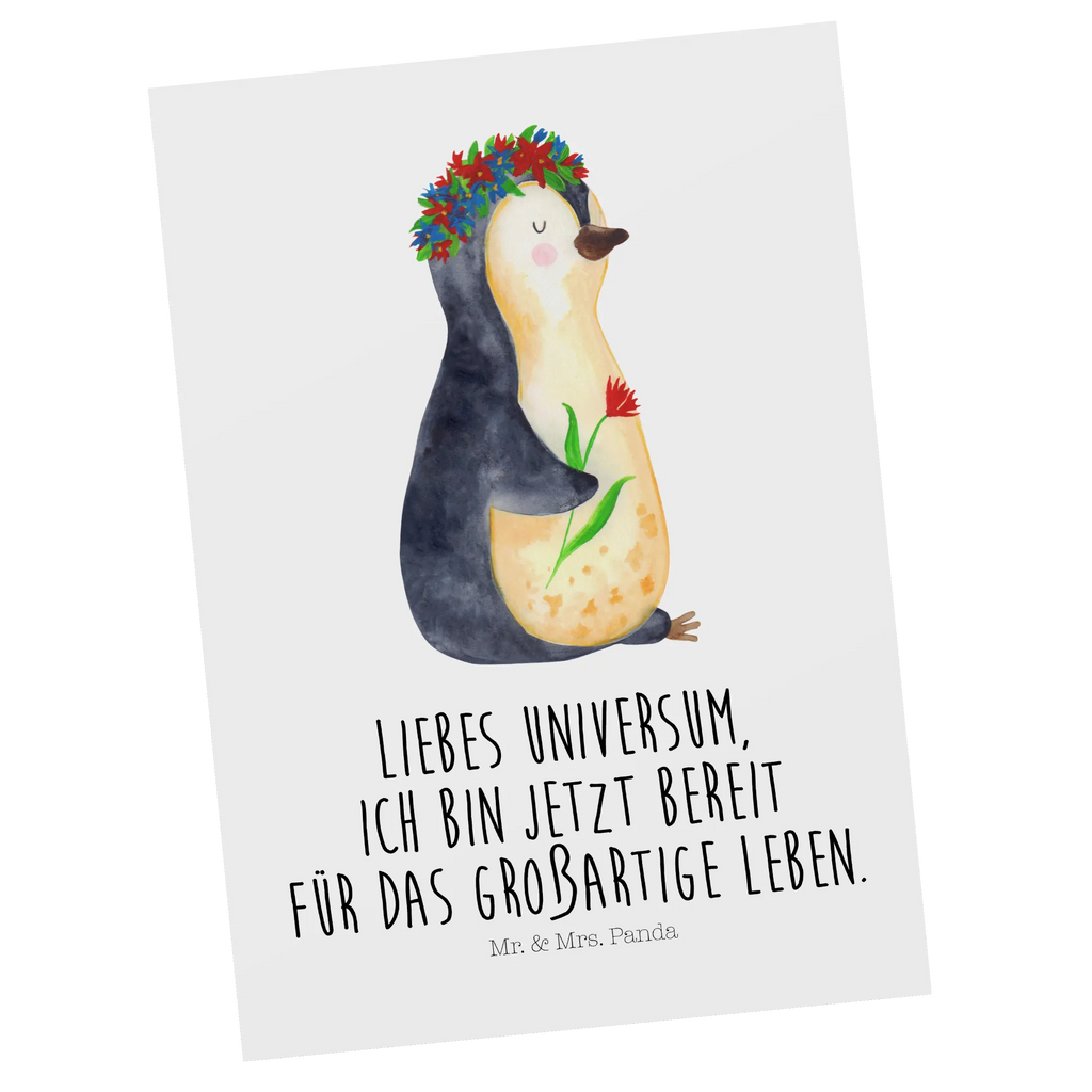 Postcard Penguin Flower North Pole, Penguins, goals in life, lovesickness, penguins, gift idea, wishes, wreath of flowers, love of life, universe, goals