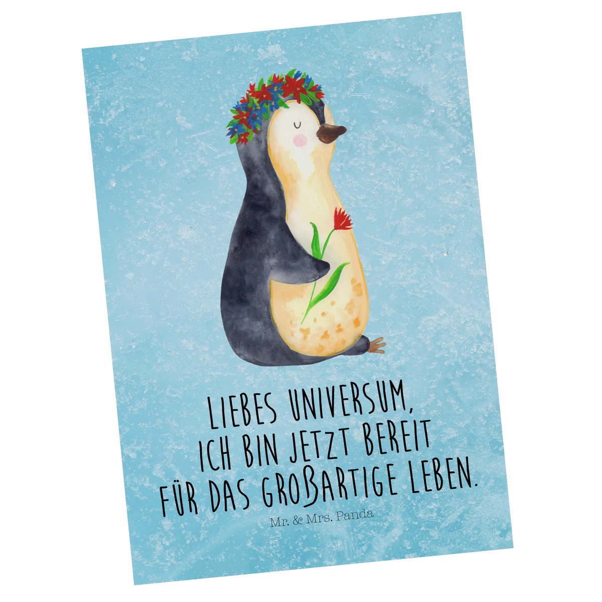 Postkarte Pinguin Blumen Postkarten, kunstkarte, Fotokarte, Grußkarte, spruchkarte, Postkarte, Kunstkarten, bildkarte, Designkarte, einzelkarte, Motivkarte, Ansichtskarte, Ansichtskarten, Pinguin, Leben, Ziele, Lebenslust, Pinguine, Wünsche, Liebeskummer, Universum, Geschenkidee, Motivation, Blumenkranz, Lebensziele