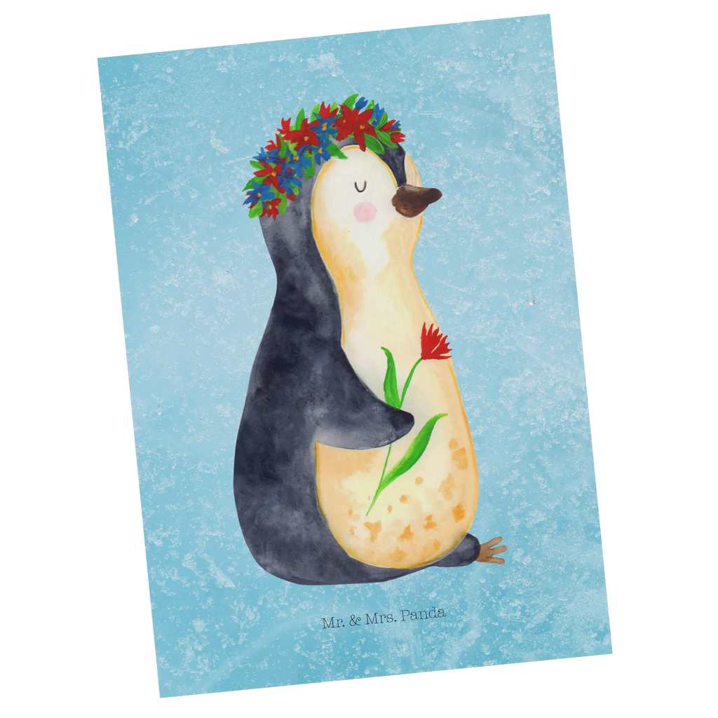 Postcard Penguin Flower North Pole, Penguins, goals in life, lovesickness, penguins, gift idea, wishes, wreath of flowers, love of life, universe, goals