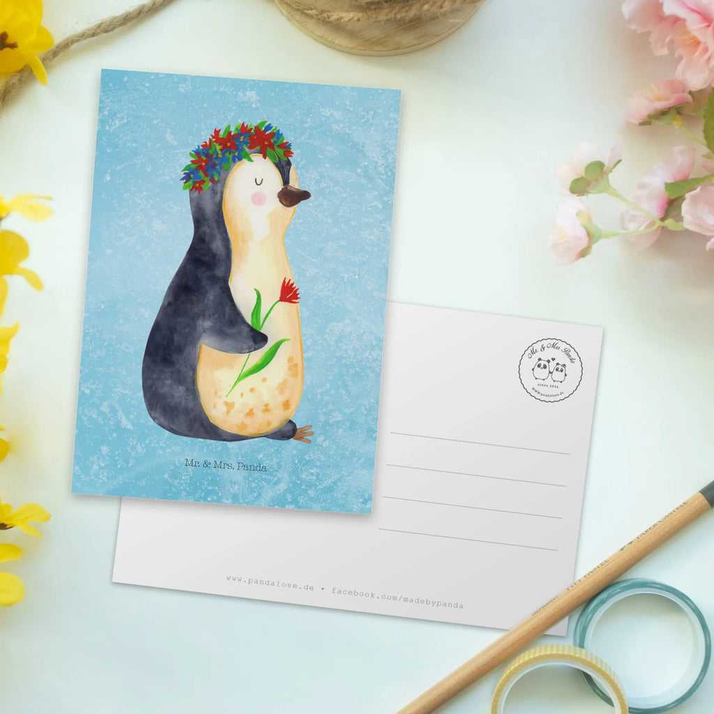 Postcard Penguin Flower North Pole, Penguins, goals in life, lovesickness, penguins, gift idea, wishes, wreath of flowers, love of life, universe, goals