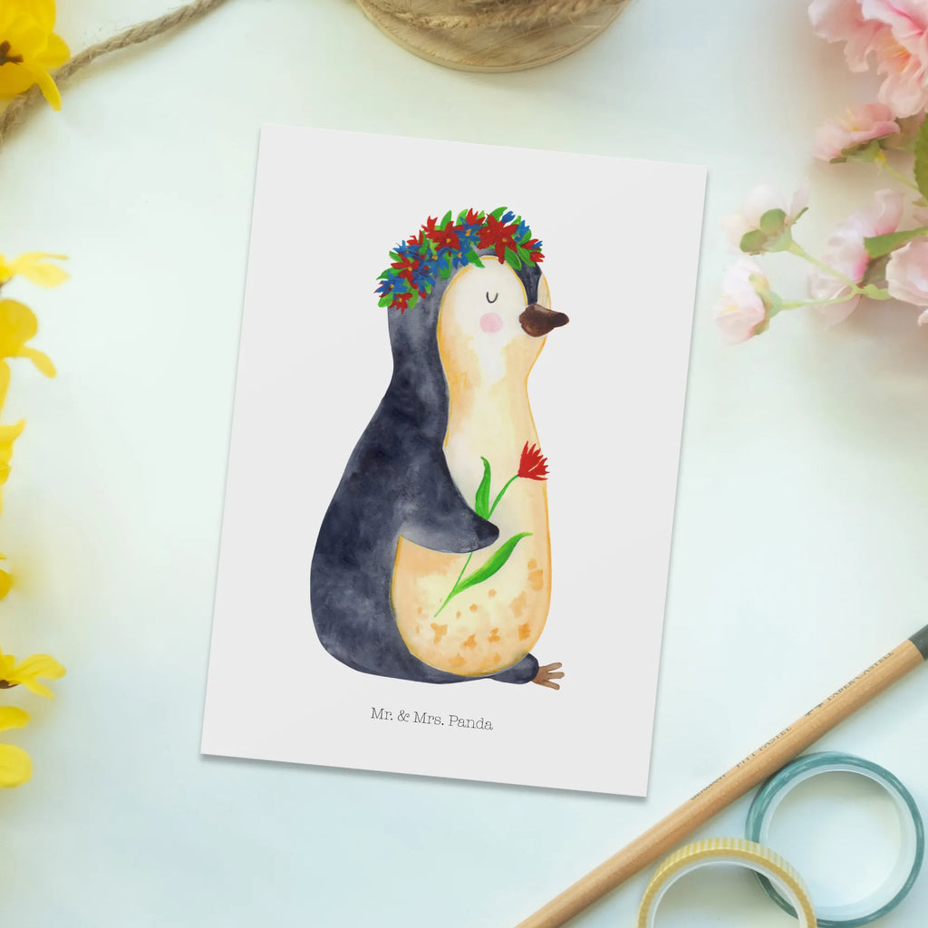 Postcard Penguin Flower North Pole, Penguins, goals in life, lovesickness, penguins, gift idea, wishes, wreath of flowers, love of life, universe, goals