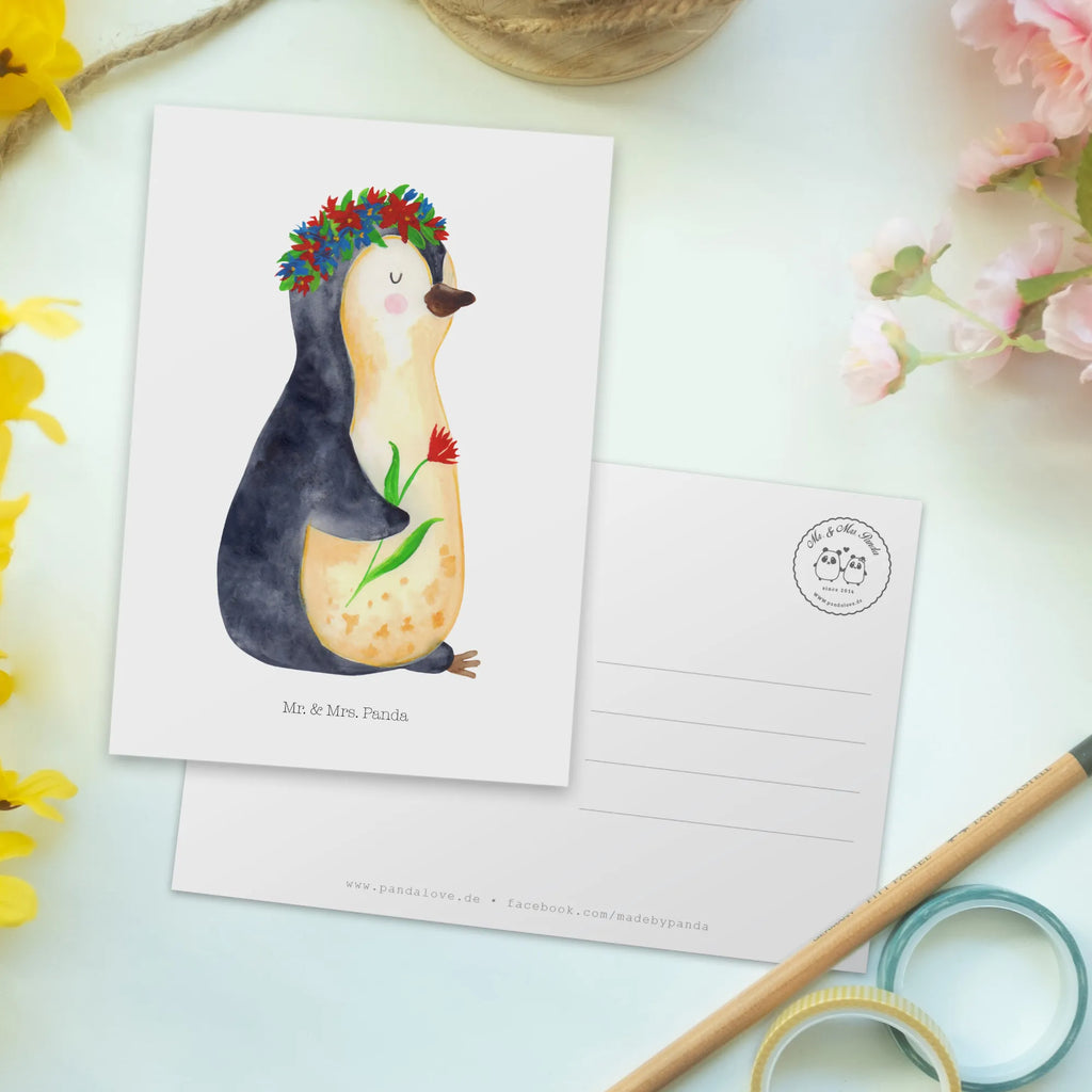 Postcard Penguin Flower North Pole, Penguins, goals in life, lovesickness, penguins, gift idea, wishes, wreath of flowers, love of life, universe, goals