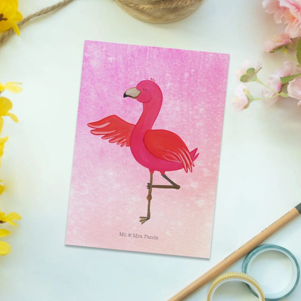 Pocztówka Flamingo joga einzelkarte, Fotokarte, Postkarten, Kunstkarten, Designkarte, Postkarte, spruchkarte, Grußkarte, Motivkarte, bildkarte, Ansichtskarten, kunstkarte, Ansichtskarte, Flamingo, Aufregen, Yoga-Übung, Namaste, Vogel, Ärger, Achtsamkeit, Tiefenentspannung, Entspannung, Yoga