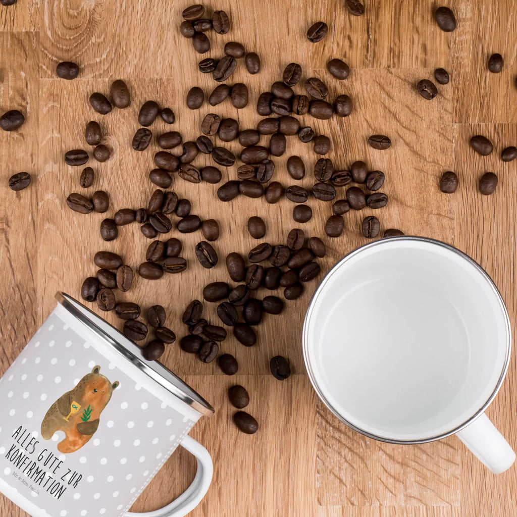 Enamel camping mug bear confirmation Pott, wandertasse, Campingtasse, emaillebecher, Becher, Reisebecher, metallbecher, Emaille Becher, Blechtasse, wanderbecher, Teebecher, Teetasse, reisetasse, Campingbecher, blechbecher, Emaille Tasse, Tasse Emaille, Trinkbecher, Kaffeebecher, Metalltasse, Kaffeetasse, becher emaille, Tasse, Emailletasse, Teddy, Bär, Teddybär, Gottesdienst, Konfirmation, Evangelisch, Kirche