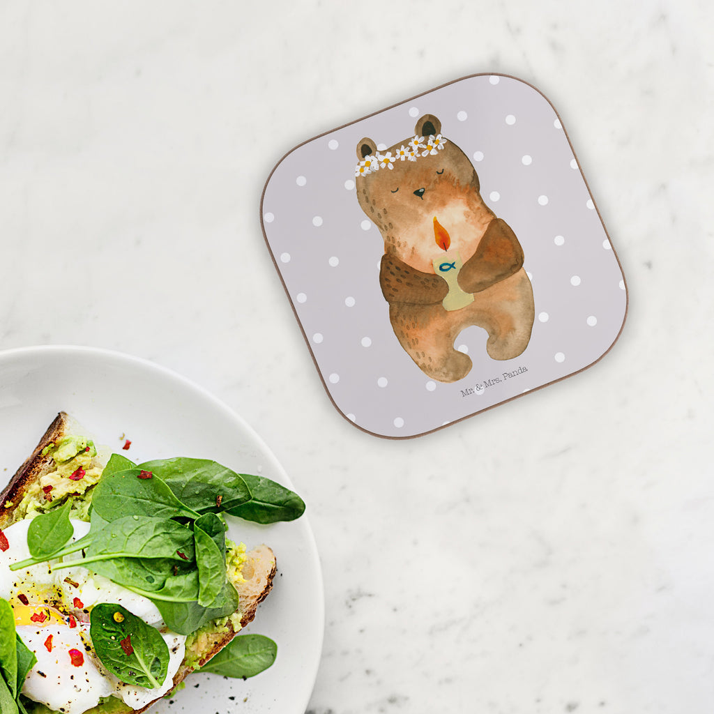 Square coaster bear communion party, glass coasters, presents, gifts, Coasters, gift, breakfast, bear, teddy, teddy bear, cuddly toy, baptismal candle, communion, catholic, God's blessing