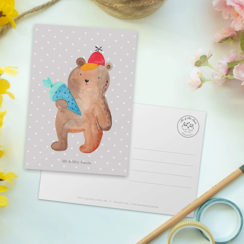 Postcard bear School cone letter, invitation card, gift card, card, Postcard, gift, invitation, paper, postcards, bear, teddy, teddy bear, cuddly toy, First day of school gift, School enrolment gift, Starting school, Bear motif, School gift, School bag, Primary school