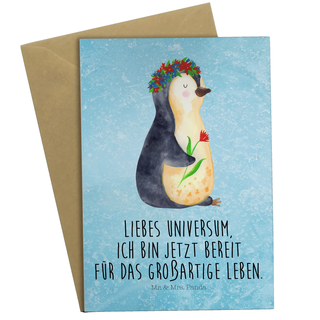 Kartka okolicznościowa pingwin kwiaty Ansichtskarten, Einladungskarte, Glückwunschkarte, Grußkarte, Klappkarte, Karte, Geburtstagskarte, Hochzeitskarte, Pinguin, Geschenkidee, Leben, Lebensziele, Wünsche, Universum, Liebeskummer, Pinguine, Blumenkranz, Lebenslust, Motivation, Ziele