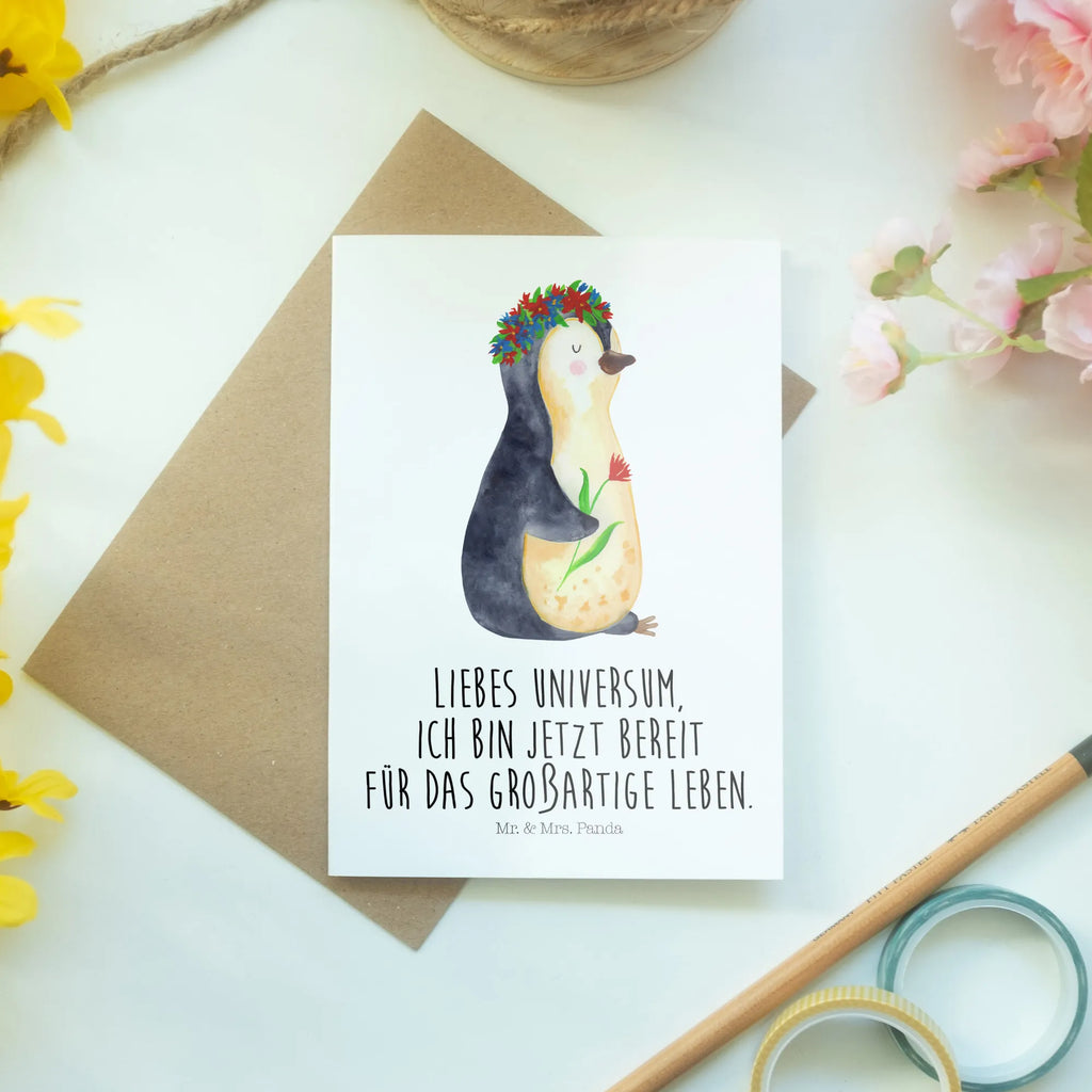 Kartka okolicznościowa pingwin kwiaty Ansichtskarten, Einladungskarte, Glückwunschkarte, Grußkarte, Klappkarte, Karte, Geburtstagskarte, Hochzeitskarte, Pinguin, Geschenkidee, Leben, Lebensziele, Wünsche, Universum, Liebeskummer, Pinguine, Blumenkranz, Lebenslust, Motivation, Ziele