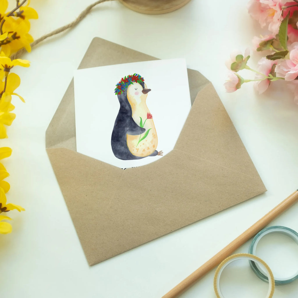 Kartka okolicznościowa pingwin kwiaty Ansichtskarten, Einladungskarte, Glückwunschkarte, Grußkarte, Klappkarte, Karte, Geburtstagskarte, Hochzeitskarte, Pinguin, Geschenkidee, Leben, Lebensziele, Wünsche, Universum, Liebeskummer, Pinguine, Blumenkranz, Lebenslust, Motivation, Ziele