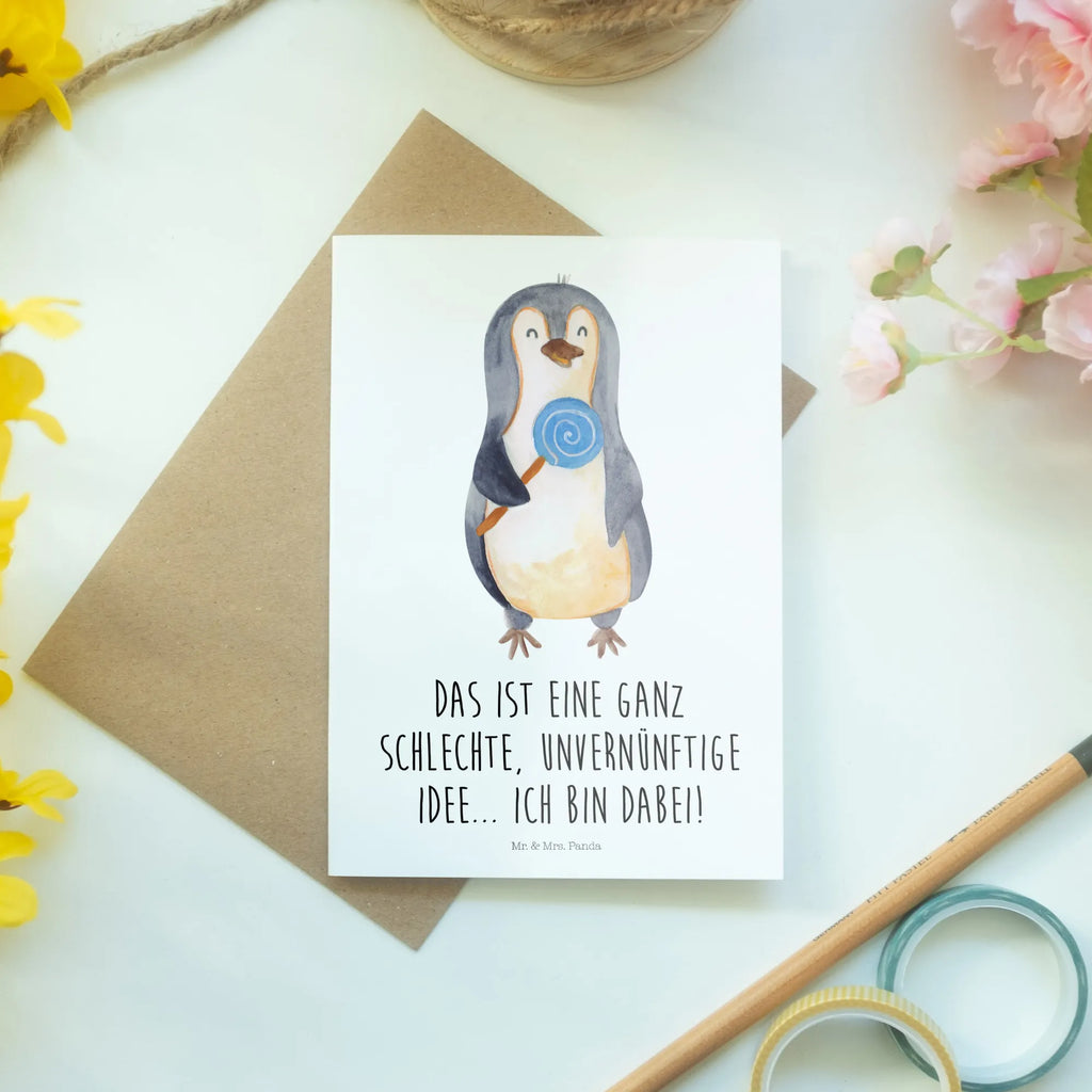Greetings card Penguin lollipop Hochzeitskarte, Grußkarte, Ansichtskarten, Einladungskarte, Klappkarte, Geburtstagskarte, Glückwunschkarte, Karte, Pinguin, Spruch, Rebell, Lolli, Ganove, Süßigkeiten, Pinguine, Rabauke, Blödsinn, Gauner