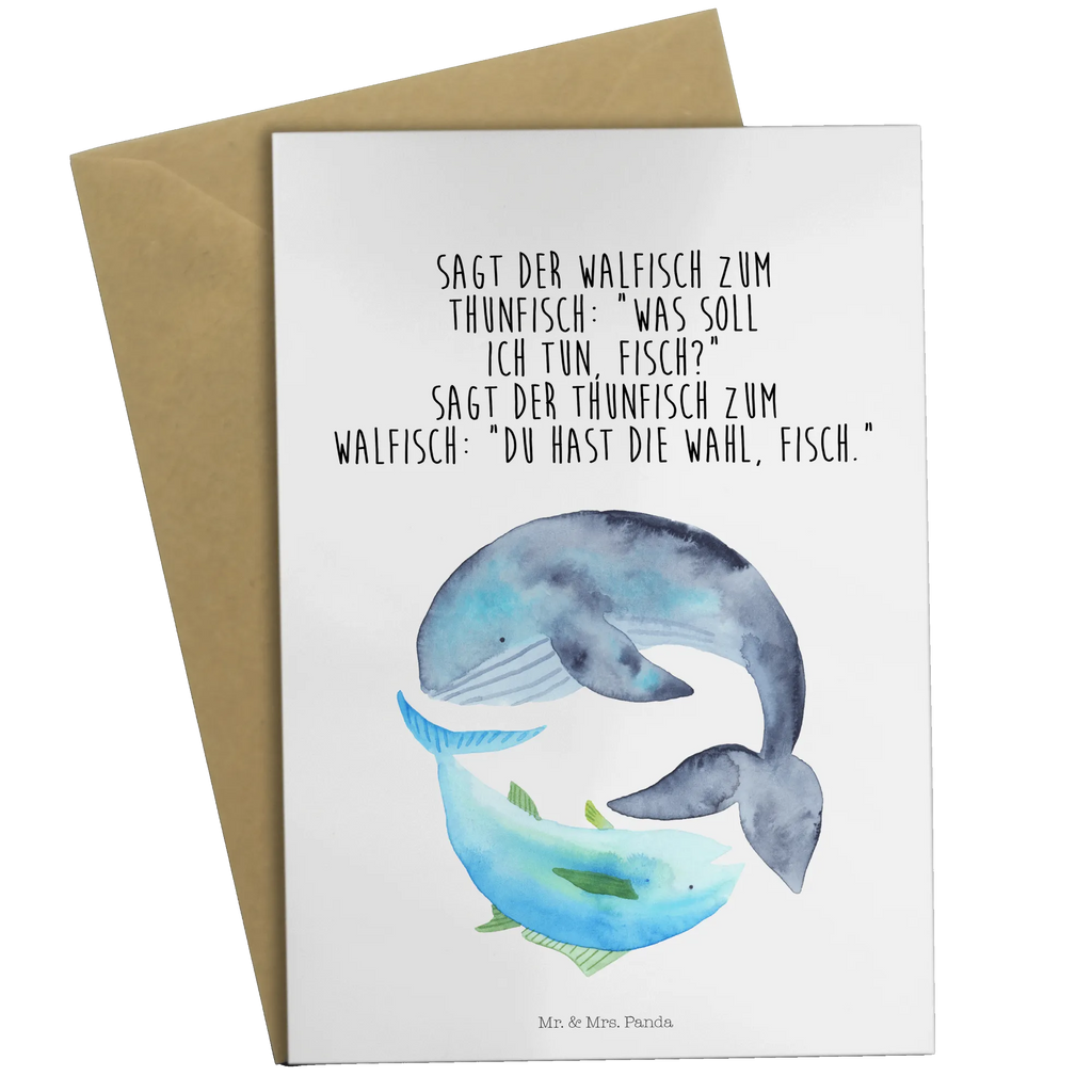 Grußkarte Walfisch Thunfisch Ansichtskarten, Karte, Geburtstagskarte, Glückwunschkarte, Hochzeitskarte, Grußkarte, Einladungskarte, Klappkarte, Tiermotive, Gute Laune, lustige Sprüche, Tiere, Spruch des Tages, Tunfisch, Witz, Wal, Flachwitz, Spruch lustig, Flachwitz Geschenk, Wortwitz lustig, Wahl