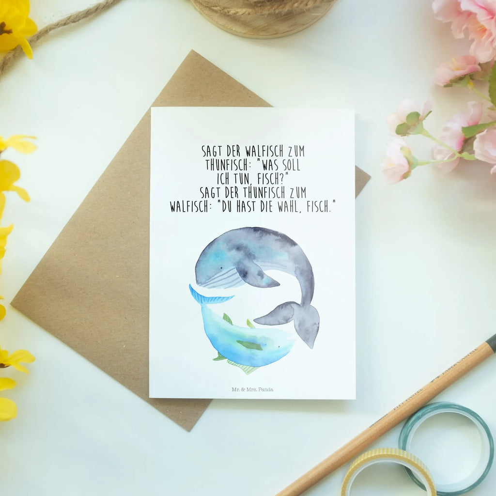 Grußkarte Walfisch Thunfisch Ansichtskarten, Karte, Geburtstagskarte, Glückwunschkarte, Hochzeitskarte, Grußkarte, Einladungskarte, Klappkarte, Tiermotive, Gute Laune, lustige Sprüche, Tiere, Spruch des Tages, Tunfisch, Witz, Wal, Flachwitz, Spruch lustig, Flachwitz Geschenk, Wortwitz lustig, Wahl