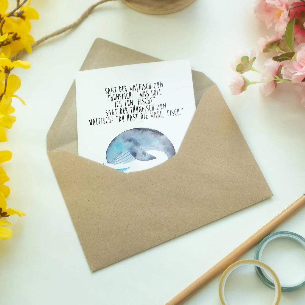 Grußkarte Walfisch Thunfisch Ansichtskarten, Karte, Geburtstagskarte, Glückwunschkarte, Hochzeitskarte, Grußkarte, Einladungskarte, Klappkarte, Tiermotive, Gute Laune, lustige Sprüche, Tiere, Spruch des Tages, Tunfisch, Witz, Wal, Flachwitz, Spruch lustig, Flachwitz Geschenk, Wortwitz lustig, Wahl