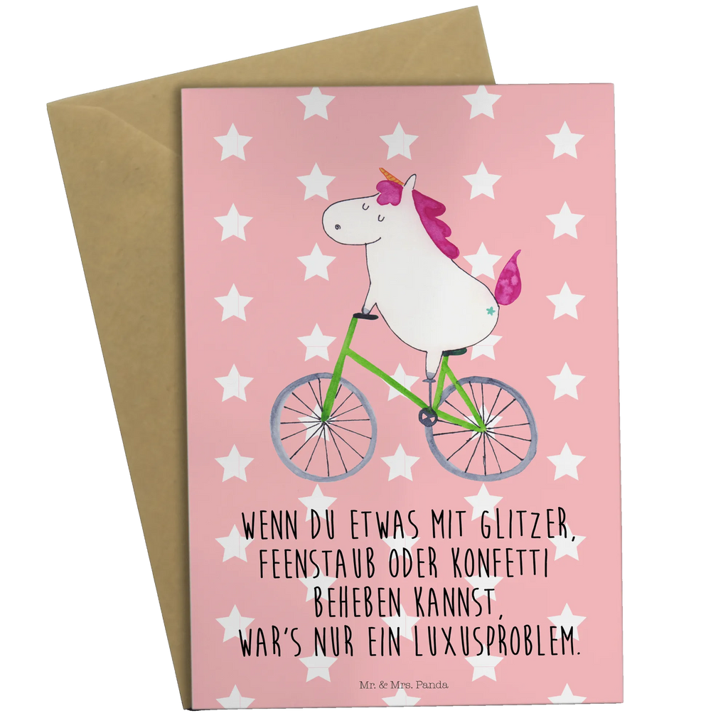 Grußkarte Einhorn Radfahrer Grußkarte, Klappkarte, Einladungskarte, Glückwunschkarte, Hochzeitskarte, Geburtstagskarte, Karte, Ansichtskarten, Einhorn, Einhörner, Einhorn Deko, Unicorn, Radfahren, Radfahrer, Rad, Bike, Feenstaub, Konfetti, Luxusproblem, Kummer, Liebeskummer