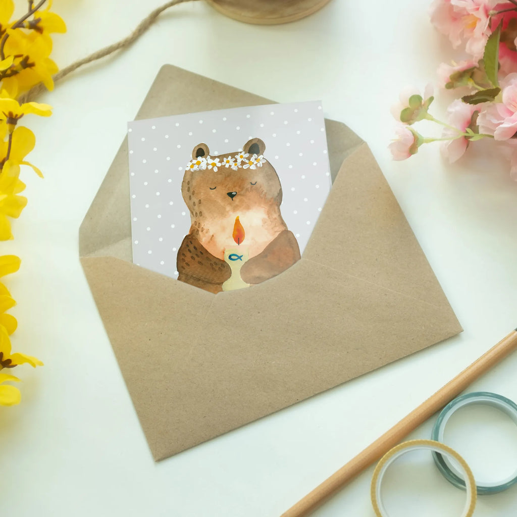 Greetings card bear communion genesungskarte, valentinstagskarte, jubiläumskarte, dankeskarten, Motivkarte, kommunionskarte, hochzeitskarten, Beileidskarte, weihnachtskarten, firmungskarte, Grußkarten, vatertagskarte, babykarte, glückwunschkarten, osterkarte, spruchkarte, Glückwunschkarte, neujahrskarte, abiturkarte, osterkarten, Klappkarte, Grußkarte, einladungskarten, Teddy, Bär, Teddybär, Kommunion, Taufkerze, Katholisch, Gottes Segen