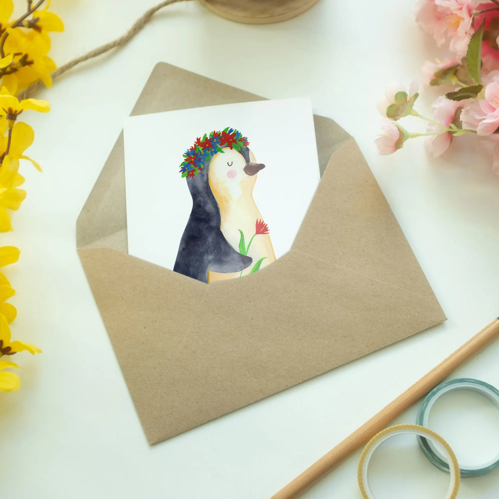 Kartka okolicznościowa pingwin kwiaty Ansichtskarten, Einladungskarte, Glückwunschkarte, Grußkarte, Klappkarte, Karte, Geburtstagskarte, Hochzeitskarte, Pinguin, Geschenkidee, Leben, Lebensziele, Wünsche, Universum, Liebeskummer, Pinguine, Blumenkranz, Lebenslust, Motivation, Ziele