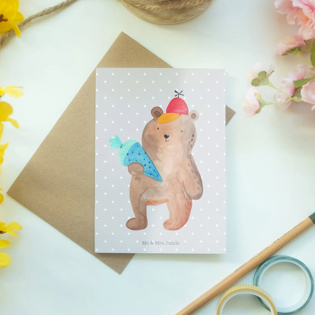 Kartka okolicznościowa Niedźwiedź Torebka szkolna Einladungskarte, Geburtstagskarte, Ansichtskarten, Grußkarte, Glückwunschkarte, Klappkarte, Karte, Hochzeitskarte, Bär, Teddy, Teddybär, Einschulung Geschenk, Schulanfang, Bär Motiv, Schultüte, Schule Geschenk, Erster Schultag Geschenk, Schulbeginn, Grundschule