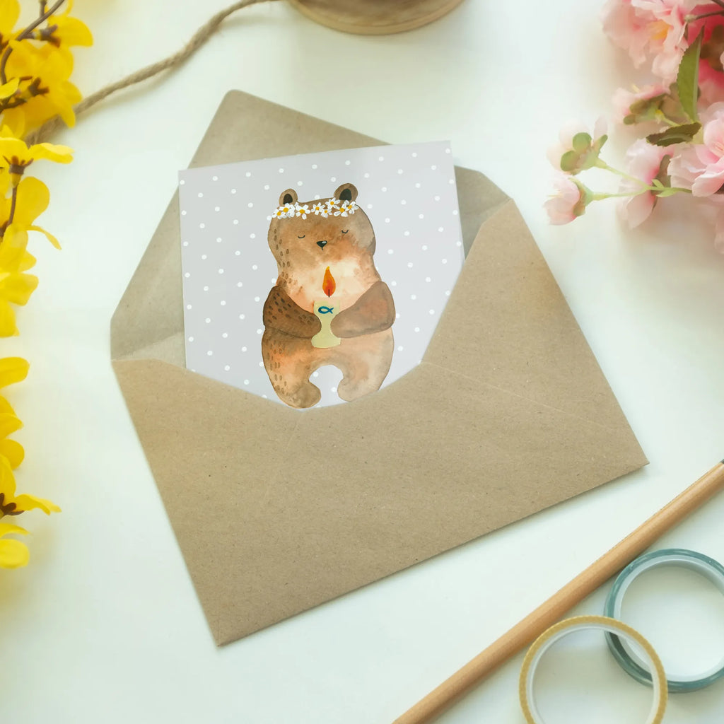 Greetings card bear communion genesungskarte, valentinstagskarte, jubiläumskarte, dankeskarten, Motivkarte, kommunionskarte, hochzeitskarten, Beileidskarte, weihnachtskarten, firmungskarte, Grußkarten, vatertagskarte, babykarte, glückwunschkarten, osterkarte, spruchkarte, Glückwunschkarte, neujahrskarte, abiturkarte, osterkarten, Klappkarte, Grußkarte, einladungskarten, Teddy, Bär, Teddybär, Kommunion, Taufkerze, Katholisch, Gottes Segen