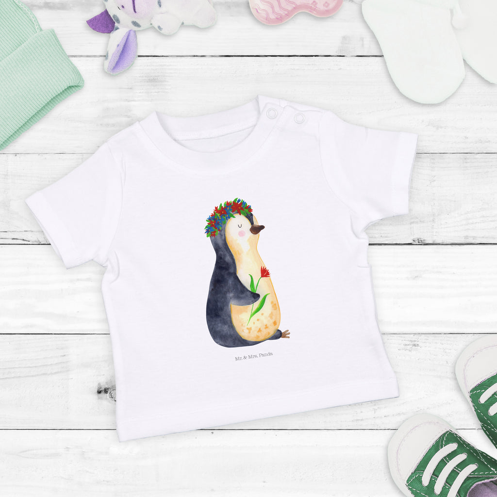 Organic Baby Shirt Pinguin Blumen Baby T-Shirt, Jungen Baby T-Shirt, Mädchen Baby T-Shirt, Shirt, Pinguin, Pinguine, Blumenkranz, Universum, Leben, Wünsche, Ziele, Lebensziele, Motivation, Lebenslust, Liebeskummer, Geschenkidee