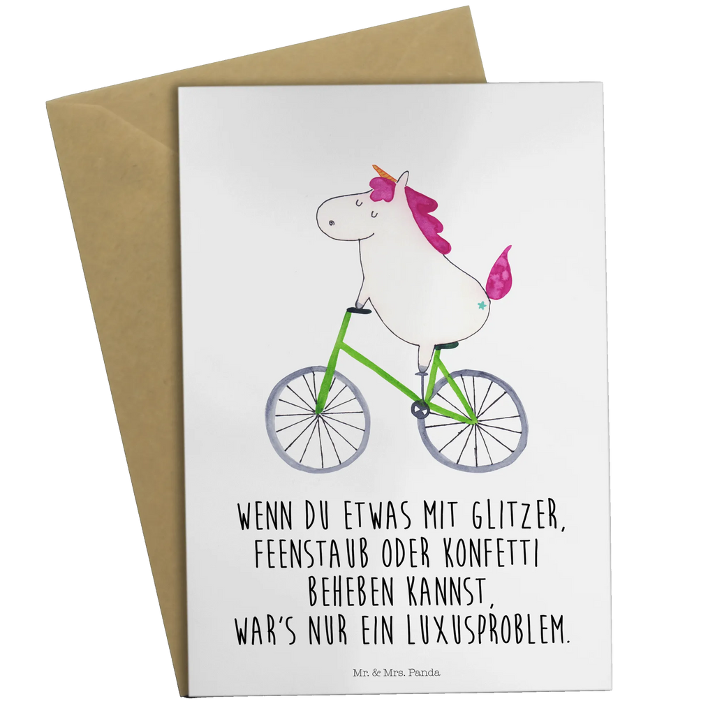 Grußkarte Einhorn Radfahrer Grußkarte, Klappkarte, Einladungskarte, Glückwunschkarte, Hochzeitskarte, Geburtstagskarte, Karte, Ansichtskarten, Einhorn, Einhörner, Einhorn Deko, Unicorn, Radfahren, Radfahrer, Rad, Bike, Feenstaub, Konfetti, Luxusproblem, Kummer, Liebeskummer
