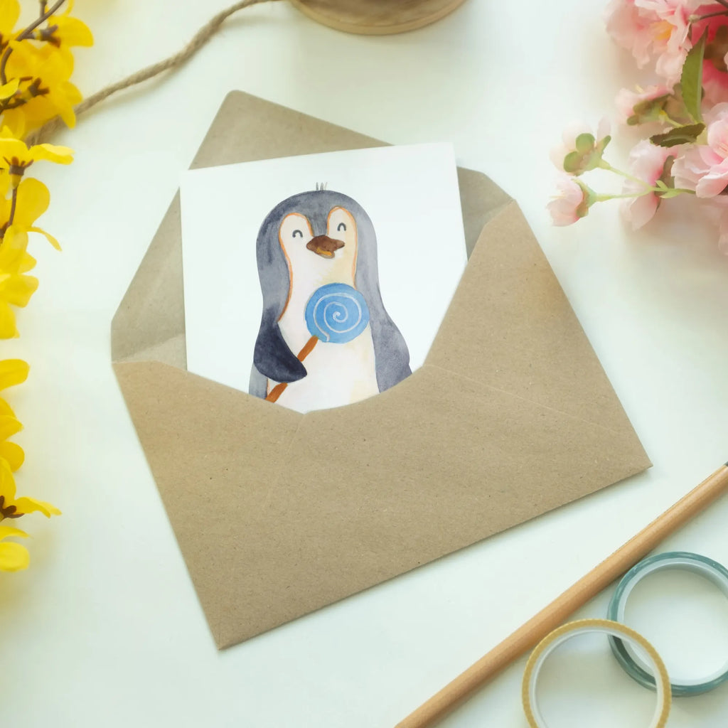 Greetings card Penguin lollipop Hochzeitskarte, Grußkarte, Ansichtskarten, Einladungskarte, Klappkarte, Geburtstagskarte, Glückwunschkarte, Karte, Pinguin, Spruch, Rebell, Lolli, Ganove, Süßigkeiten, Pinguine, Rabauke, Blödsinn, Gauner