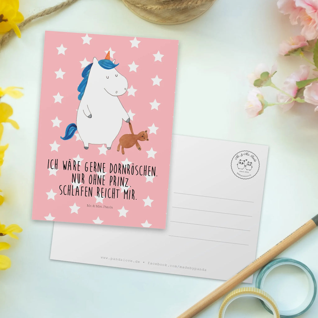 Postcard unicorn teddy letter, postcards, card, gift card, invitation card, gift, Postcard, invitation, paper, unicorn, unicorns, single, good night, child present, girlfriend, sleep, child gift, dreaming, bed, Unicorn, sweet, single life