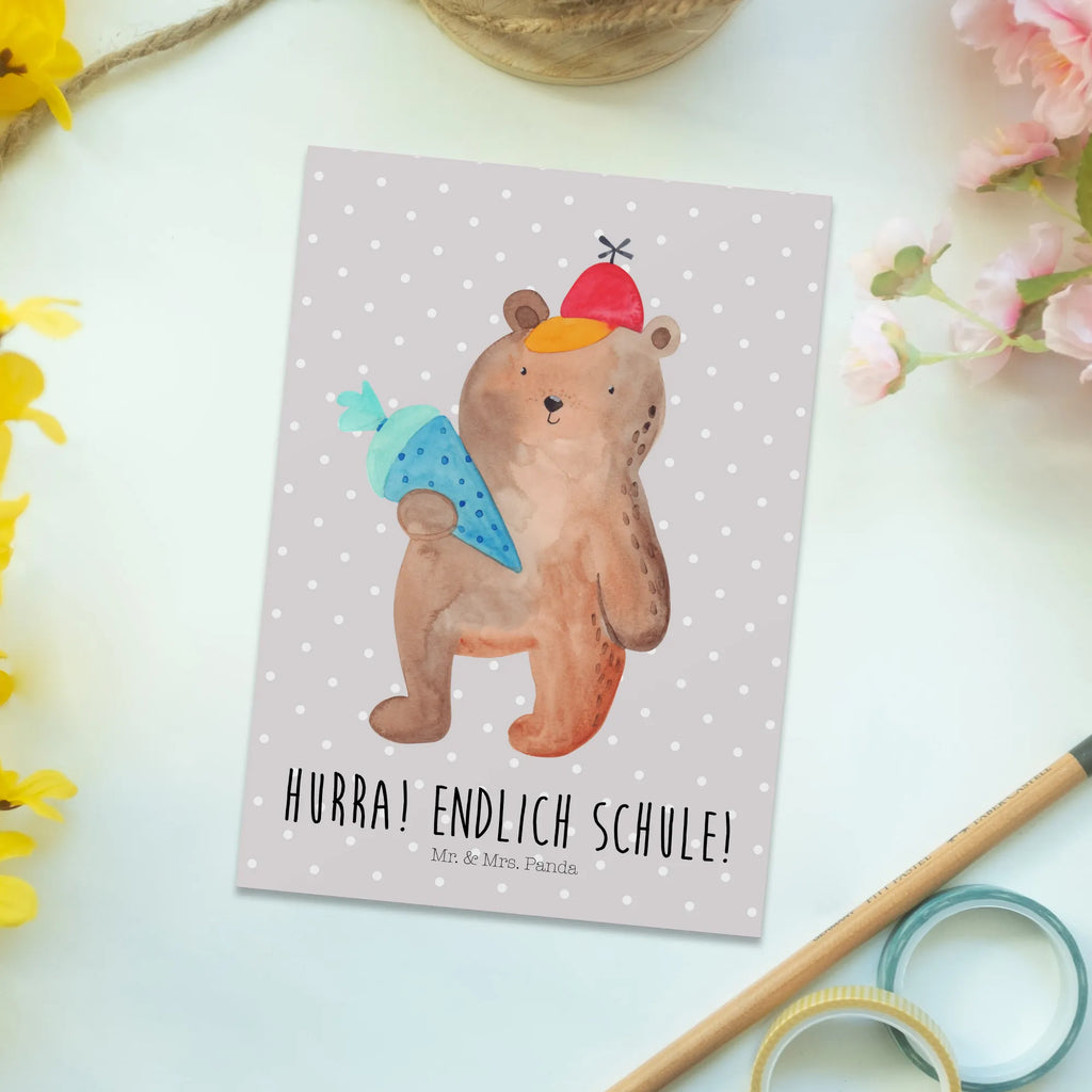 Postcard bear School cone letter, invitation card, gift card, card, Postcard, gift, invitation, paper, postcards, bear, teddy, teddy bear, cuddly toy, First day of school gift, School enrolment gift, Starting school, Bear motif, School gift, School bag, Primary school