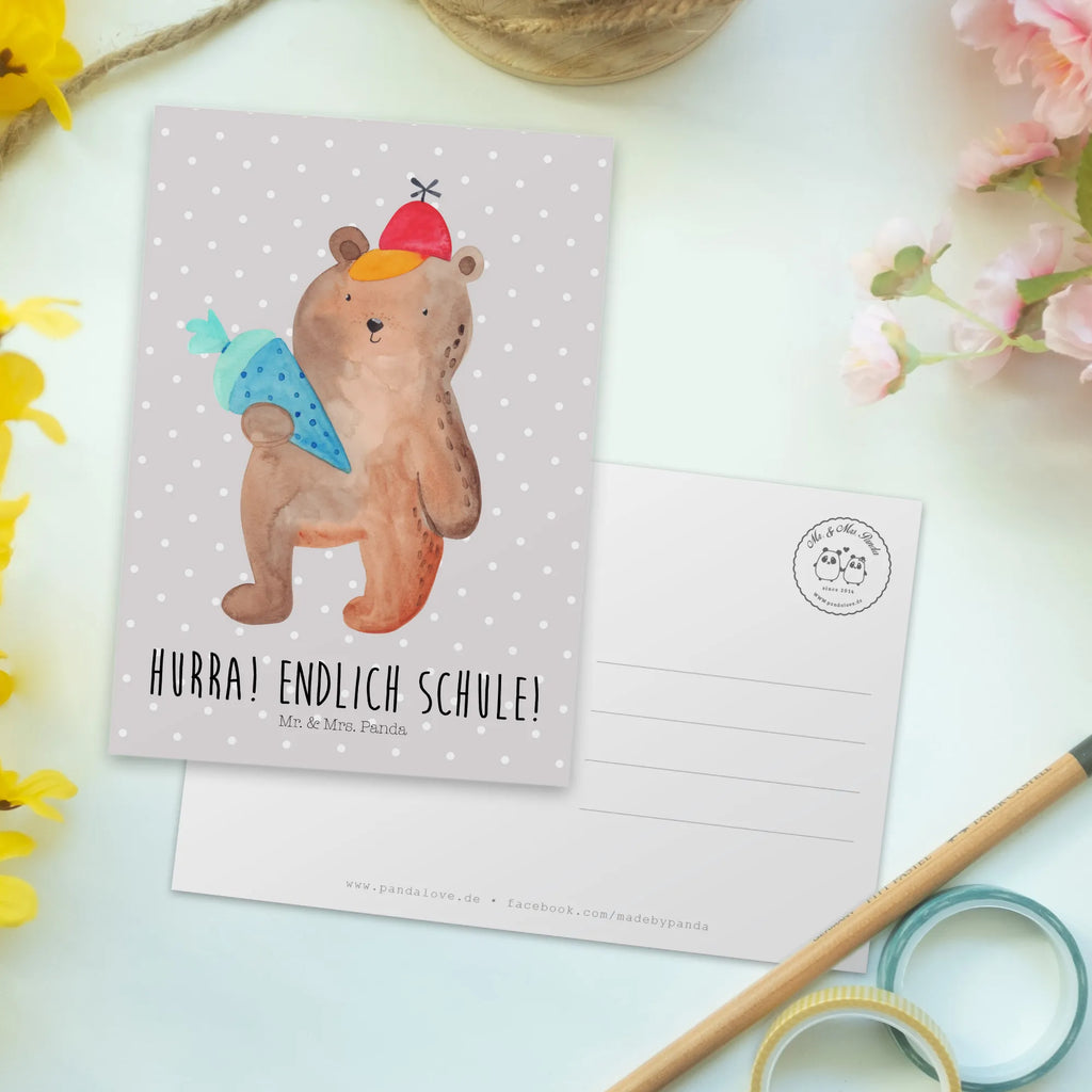 Postcard bear School cone letter, invitation card, gift card, card, Postcard, gift, invitation, paper, postcards, bear, teddy, teddy bear, cuddly toy, First day of school gift, School enrolment gift, Starting school, Bear motif, School gift, School bag, Primary school