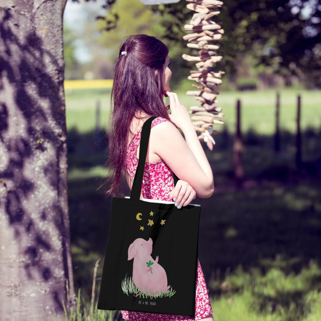 Tote bag Pig Luck cloth bag, bag, shopper, shopping bag, jute bag, pouch, Carrier bag, shoulder bag, cotton bag, small animals, cute, funny, cute animal motives, hand drawn, small world, funny sayings, good mood, happy, gifts, gift ideas, special gifts, animal lover, card, motivation, goals, lucky charm, asterisks, piglet, pig, stars, Lucky bastard. Luck, dreams