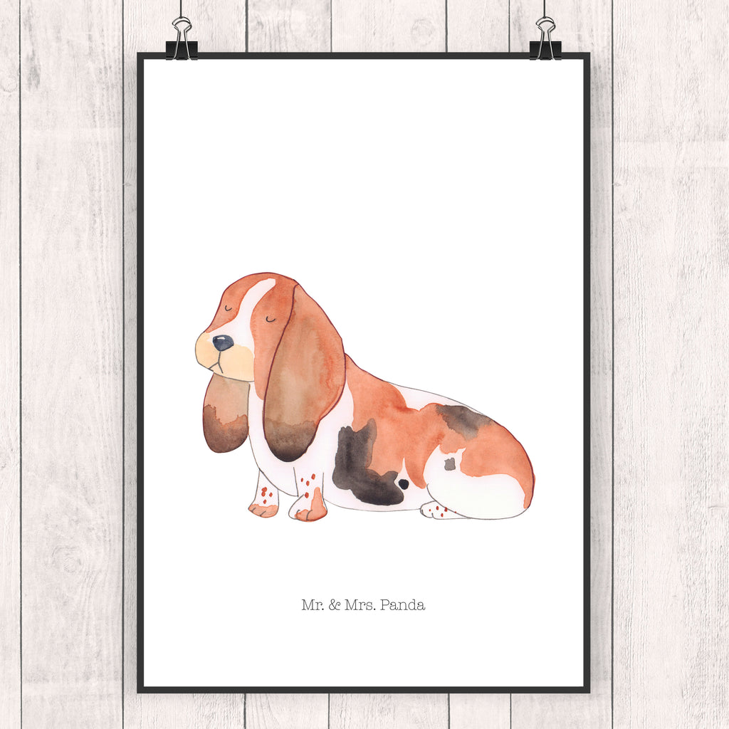 Plakat pies Basset Hound Wanddeko Bild, Wandposter, Wanddeko, Handgemaltes Poster, Kunstdruck, Kinderposter, Küchenposter, Raumdekoration, Posterdruck, Bild, Poster, Wanddekoration, Mr. & Mrs. Panda Poster, Designposter, Hund, Hundemotiv, Haustier, Hunderasse, Tierliebhaber, Hundebesitzer, Sprüche, Basset Hound, Hundeliebe, Basset, kinderlos