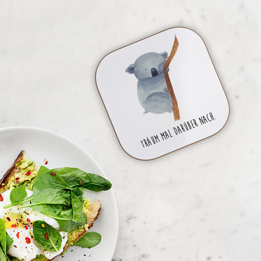 Square coaster koala breakfast, gifts, presents, Coasters, glass coasters, gift, party, small animals, cute, funny, cute animal motives, hand drawn, small world, funny sayings, good mood, happy, gift ideas, special gifts, animal lover, card, dream, bear, koala bear, dreamland, Koala, bedroom, sleeping