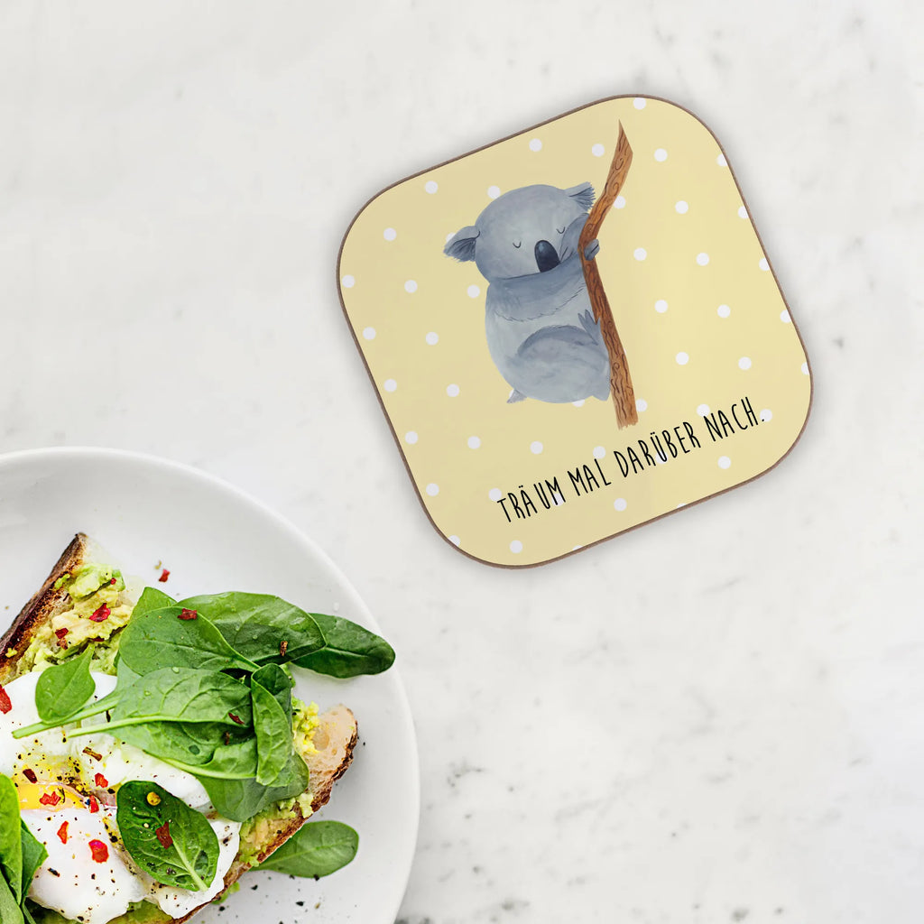 Square coaster koala breakfast, gifts, presents, Coasters, glass coasters, gift, party, small animals, cute, funny, cute animal motives, hand drawn, small world, funny sayings, good mood, happy, gift ideas, special gifts, animal lover, card, dream, bear, koala bear, dreamland, Koala, bedroom, sleeping