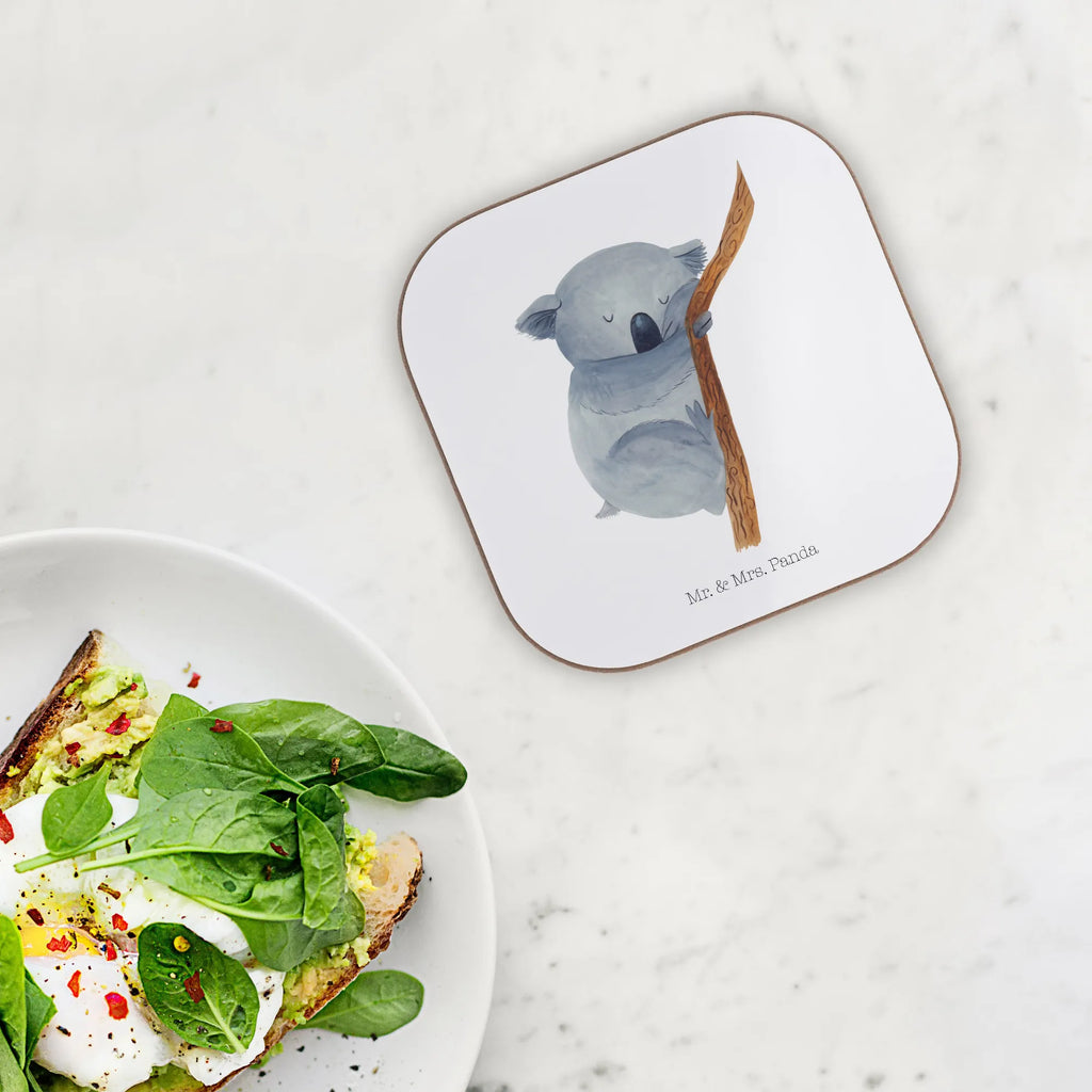 Square coaster koala breakfast, gifts, presents, Coasters, glass coasters, gift, party, small animals, cute, funny, cute animal motives, hand drawn, small world, funny sayings, good mood, happy, gift ideas, special gifts, animal lover, card, dream, bear, koala bear, dreamland, Koala, bedroom, sleeping