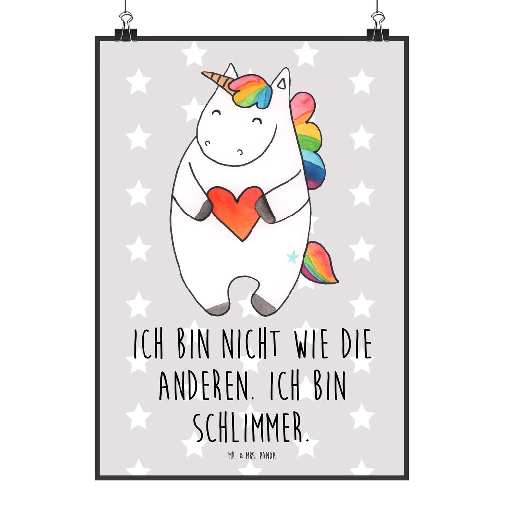 Poster unicorn Heart Poster, Wanddeko Bild, Küchenposter, Posterdruck, Raumdekoration, Mr. & Mrs. Panda Poster, Kinderposter, Wanddekoration, Wanddeko, Wandposter, Kunstdruck, Bild, Handgemaltes Poster, Designposter, Einhorn, Einhörner, Einhorn Deko, Unicorn, schlimm, witzig, böse, bunt, anders, Herz, lustig, Freundin