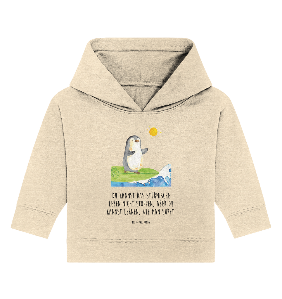 Organic Baby Hoodie Pinguin Surfer Baby Kapuzenshirt, Baby Kapuzensweatshirt, Baby Hoodie, Baby Pullover, Pinguin, Pinguine, surfen, Surfer, Hawaii, Urlaub, Wellen, Wellen reiten, Portugal