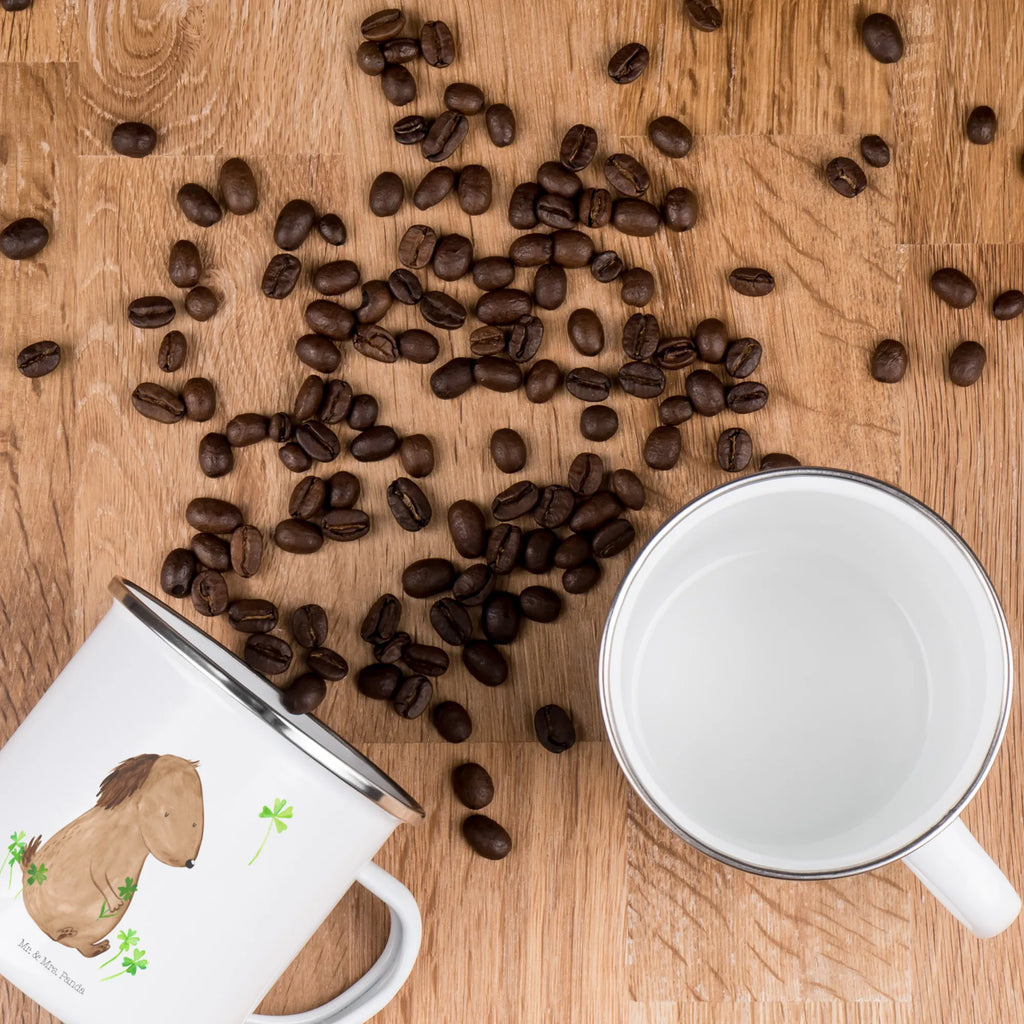 Kempingowy kubek emaliowany pies koniczyna Pies, motyw psa, zwierzę domowe, rasa psa, miłośnik zwierząt, właściciel psa, powiedzenia