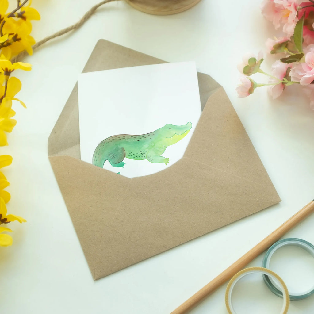 Grußkarte Krokodil Grußkarte, Klappkarte, Hochzeitskarte, Karte, Einladungskarte, Ansichtskarten, Geburtstagskarte, Glückwunschkarte, Meerestiere, Meer, Urlaub, Krokodil, Krokodile, Reiselust, beste Freundin, Lieblingsmensch, verrückt sein, spontan sein, Freundin, Abenteuerlust