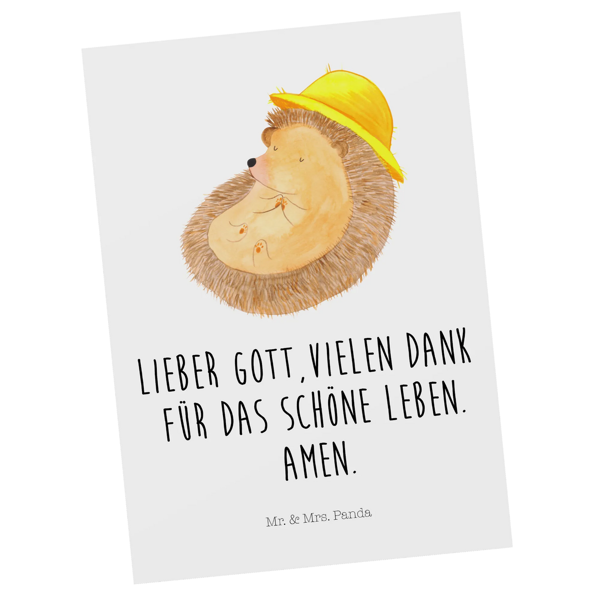 Postkarte Igel Beten Ansichtskarte, einzelkarte, Postkarte, Grußkarte, Postkarten, Ansichtskarten, Fotokarte, bildkarte, kunstkarte, Designkarte, Kunstkarten, Motivkarte, spruchkarte, Tiere, Tiermotive, Gute Laune, Lustige Sprüche, Amen, Beten, Dankbar sein, Gott, Dankbar, Igel, Genießen, Igel mit Hut, Leben, Sonnenhut, Dankbarkeit